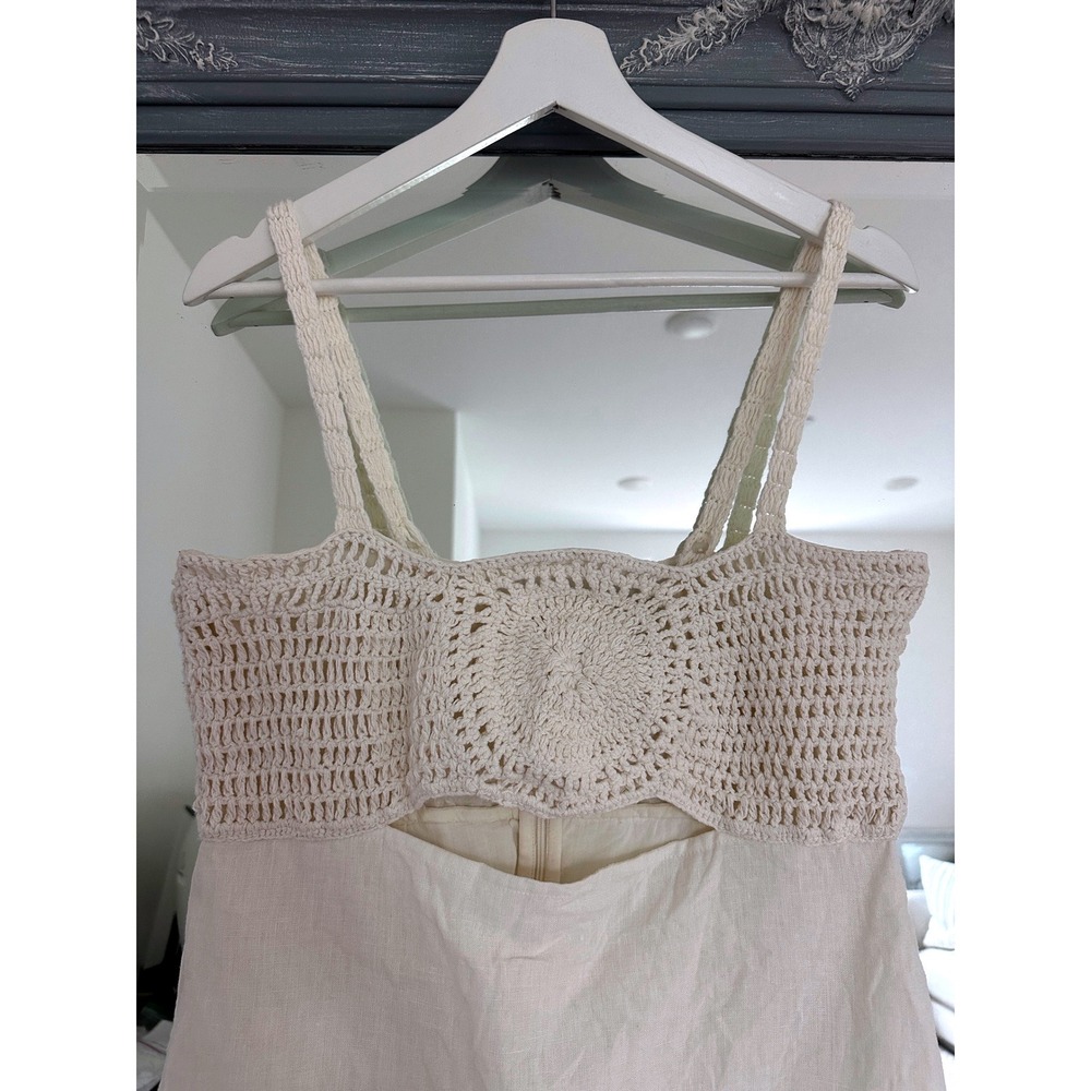 L'Academie Lea Dress Linen Crochet Cutout Mini Dress Smock Back Cream White M - Picture 6 of 11